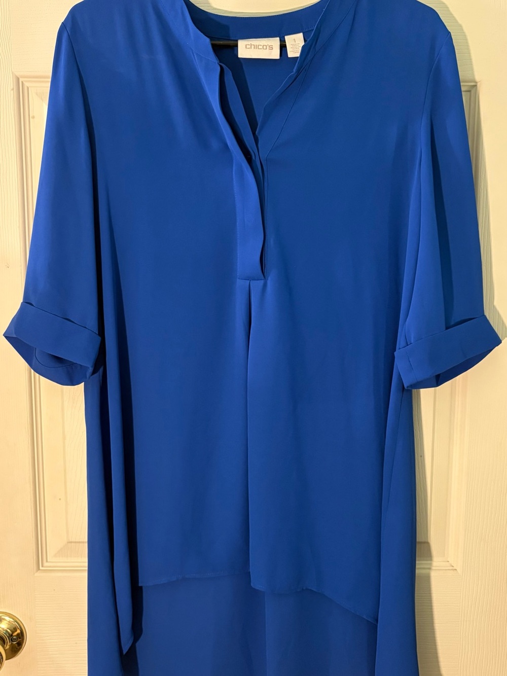 Chico's Royal Blue Tunic Blouse Split V‑Neck High-Low Size 1/Medium